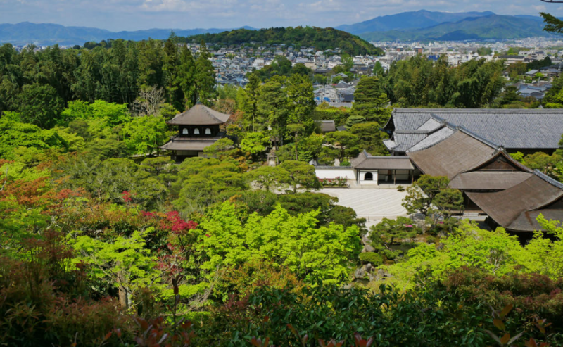 銀閣（觀音堂）南方擴展著一片森林。從如意ヶ岳的山頂升起的月亮，隨著時間的推移逐漸向南升高。